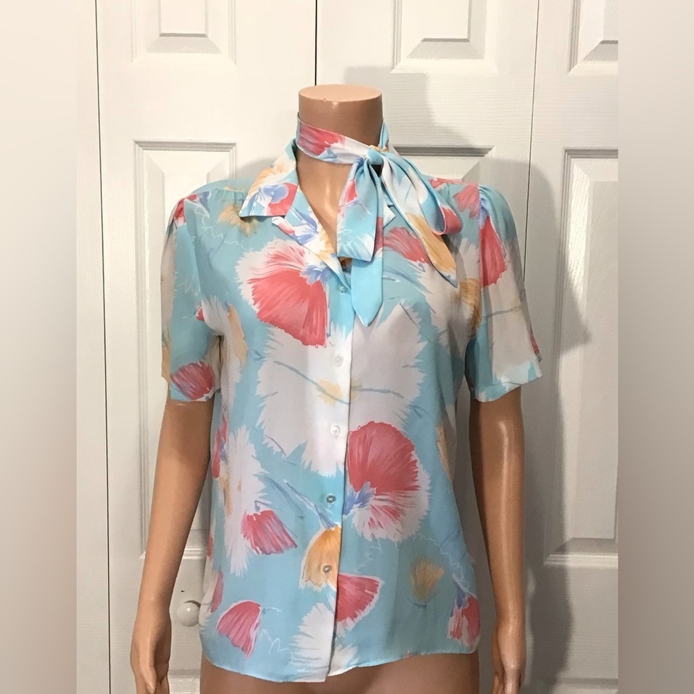 Laura Mae Womens Vintage Floral Short Sleeve Tie Neck Blouse Size 14
